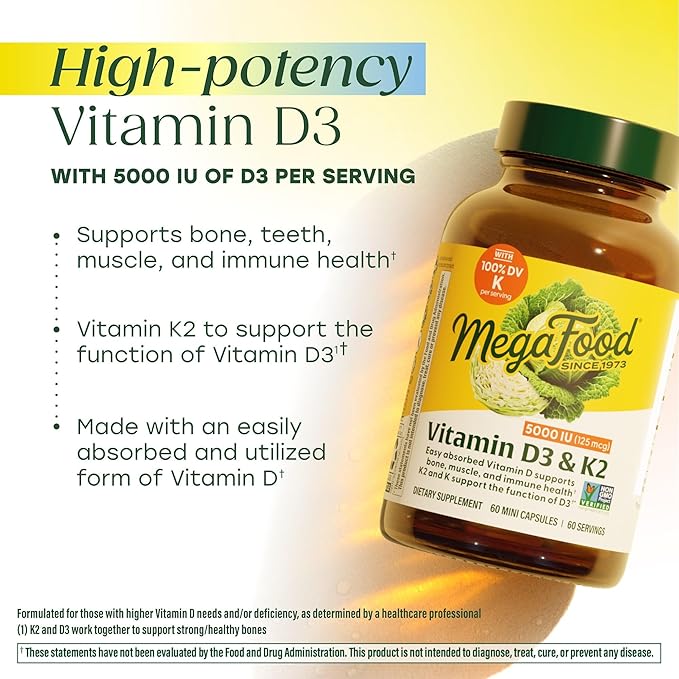 MegaFood Vitamin D3 5000 IU (125 mcg) - Vegetarian Supplements with Vitamin D3 K2 - Supports Bones, Teeth, Muscles & Immune Health - Certified Non-GMO - 120 Mini Capsules, 120 Servings (Pack of 2)
