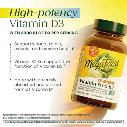 MegaFood Vitamin D3 5000 IU (125 mcg) - Vegetarian Supplements with Vitamin D3 K2 - Supports Bones, Teeth, Muscles & Immune Health - Certified Non-GMO - 120 Mini Capsules, 120 Servings (Pack of 2)