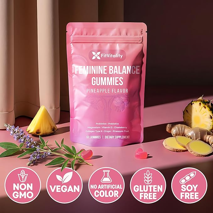 Premium 60 Feminine Balance Gummies – Probiotics, Collagen Type II, Chasteberry, Vitamin D & Magnesium – Gluten-Free, Natural Pineapple Flavor, Vegan