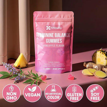 Premium 60 Feminine Balance Gummies – Probiotics, Collagen Type II, Chasteberry, Vitamin D & Magnesium – Gluten-Free, Natural Pineapple Flavor, Vegan