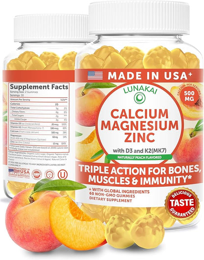 Lunakai USA Made Calcium Magnesium Zinc Gummies with Vitamin D3 & K2 – Delicious 5-in-1 Supplement for Daily Bone, Muscle & Immune Support for Women, Men & Kids, 60ct
