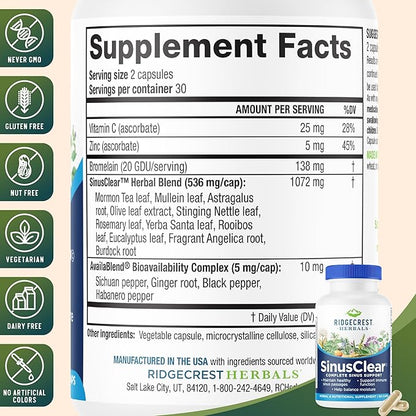 RidgeCrest Herbals SinusClear, Complete Formula for Sinus and Nasal Health with Mullein Leaf, Bromelain, Vitamin C, and Zinc, for Healthy Mucus, Immune & Respiratory Support, (60 Veg Caps, 30 Serv)