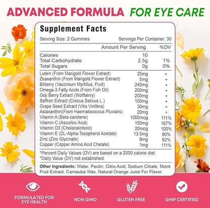 Lutein and Zeaxanthin Supplements Gummies, Advanced Eye Vitamin Supplement with Bilberry, Saffron, Grape Seed, Omega 3 for Macular Health, Dry Eye, Visual Function - Orange Flavor, 60 Count