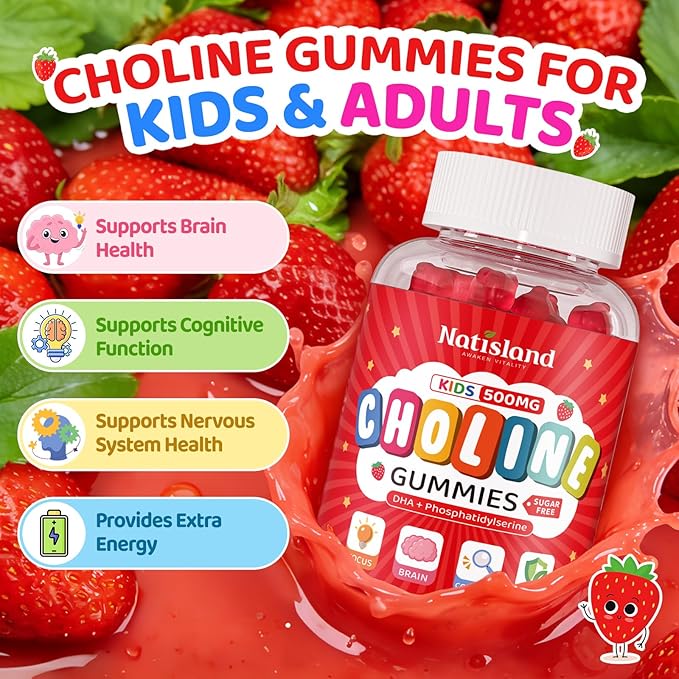 Choline Gummies for Kids & Adults, Choline Supplements 500mg with DHA, Phosphatidylserine for Brain Health, Focus, Immune Support, Sugar-Free, Vegan, Strawberry Flavor, 60 Gummies
