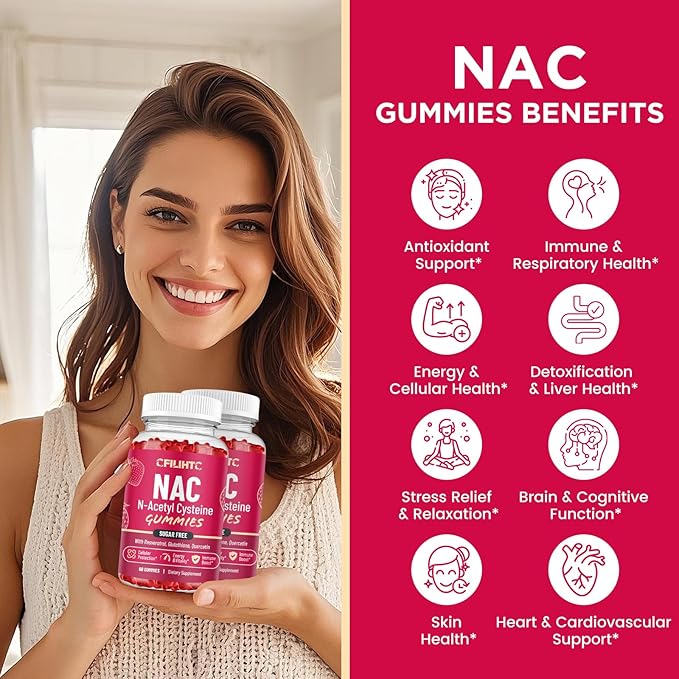 CFILIHTC (2 Pack) NAC Gummies 600mg, N Acetyl Cysteine Supplement with Glutathione, Resveratrol, Magnesium, CoQ10, NAC Chewable for Antioxidants & Immune Support, Strawberry Flavor 120 Gummies