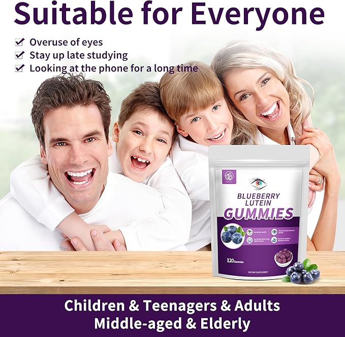 Hudetex Blueberry Lutein Gummies with 120 Count - 2 Month Supply, Eye Health Support Supplement for Kids and Adult, Contains Blueberry Juice (30 mg/Gummy) & Lutein (20 mg/Gummy)
