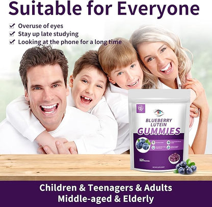 Hudetex Blueberry Lutein Gummies with 120 Count - 2 Month Supply, Eye Health Support Supplement for Kids and Adult, Contains Blueberry Juice (30 mg/Gummy) & Lutein (20 mg/Gummy)