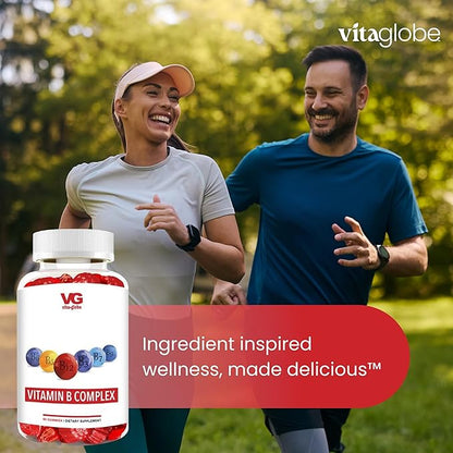 VITA GLOBE B Complex Gummy Vitamins | Vegan Non-GMO Strawberry Chewables with Vitamin C, Niacin, B6, B12 & Biotin | Supports Energy Metabolism, Heart Health & Brain Function | 120 Count (2 Pack)