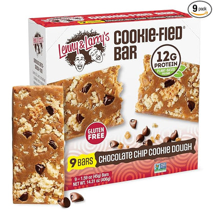 Lenny & Larry's Cookie-fied Bar – Chocolate Chip Cookie Dough Vegan Protein Bars 9x45g – Healthy Snacks with 12g Plant Protein & 5g Fiber – Gluten-Free Power Bar, Non-GMO & Vegan