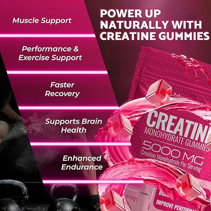 Creatine Gummies 5000mg, 30 Servings Creatine Monohydrate Gummies - Third-Party Tested Creatine for Women, Raspberry Flavor Creatine for Men, Muscle Growth, Strength, and Recovery - Pack of 1