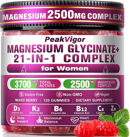 21 in 1 Magnesium Glycinate Gummy for Women with D3, K2, B6, B12, L-Theanine & Ashwagandha, 2500mg Magnesium Complex, Sleep Support, Vegan, Non-GMO,Third-Party Tested (60-Day Supply)