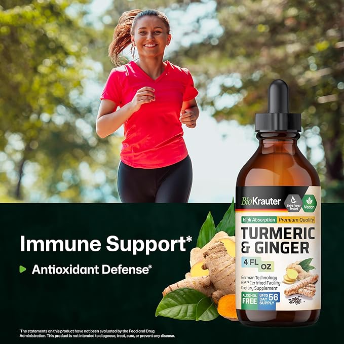 BIO KRAUTER® Turmeric and Ginger Supplement - Pure Vegan Liquid Turmeric & Ginger Tincture with Pepper 4 Fl.Oz 56 Days of Supply - Curcumin Drops for Joint Support, Antioxidant & Immune Support