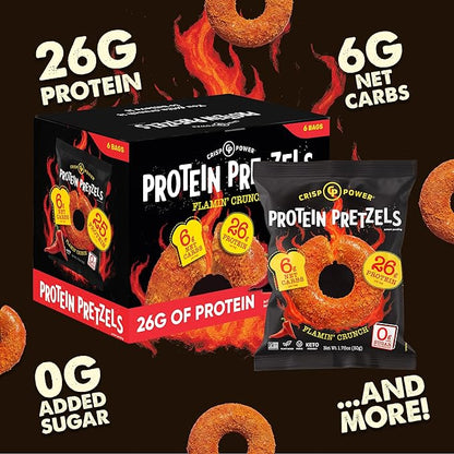 CRISP POWER Protein Pretzels, NEW Flamin' Crunch, 26G Protein, High Protein Snack, High Fiber, Low Carb Crunchy Pretzel Snacks, No Added Sugar, 1.75 oz Bags, 6 Pack, Vegan, Keto