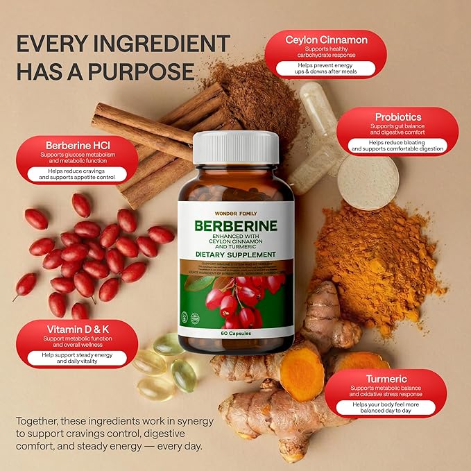 WONDER FAMILY Berberine 500 mg GLP-1 Weight Loss Supplement – Berberine HCl with Ceylon Cinnamon, Probiotics, Vitamin D3 & K2 – Glucose Metabolism & Appetite Support – 2 Pack - 120 Capsules