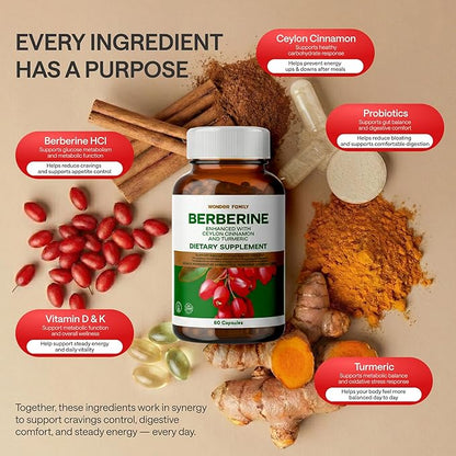 WONDER FAMILY Berberine 500 mg GLP-1 Weight Loss Supplement – Berberine HCl with Ceylon Cinnamon, Probiotics, Vitamin D3 & K2 – Glucose Metabolism & Appetite Support – 2 Pack - 120 Capsules