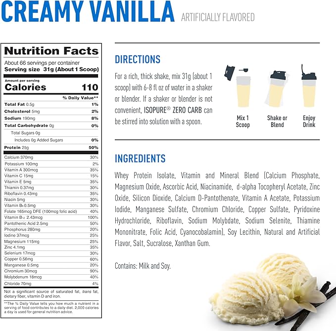Isopure Zero Carb 100% Pure Whey Isolate Protein Powder, Gluten Free, With Vitamins, Creamy Vanilla, 25g Protein Per Serving, 4.5 Lbs, 66 Servings (Packaging May Vary)