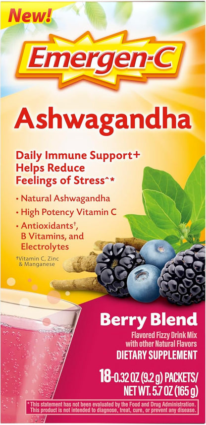 Emergen-C Vitamin C Ashwagandha Drink Mix, Dietary Supplement for Immune Support, Berry Blend - 18 Count