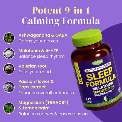 9-in-1 Melatonin Sleep Aid for Adults - USA Made, Lab Tested with Melatonin 5mg and 108mg Magnesium for Sleep - TRAACS, Ashwagandha, Valerian Root, GABA, 5HTP, Herbal Sleep Supplement, Vegan, 60 Caps
