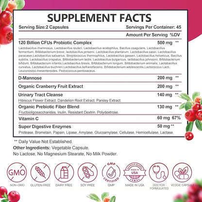 DRFOSTER Probiotics for Women Digestive Health, Vaginal probiotics 120 Billion CFU 31 Strains with Digestive Enzymes & Prebiotics & D Mannose & Cranberry for Urinary Tract, 90 Capsules