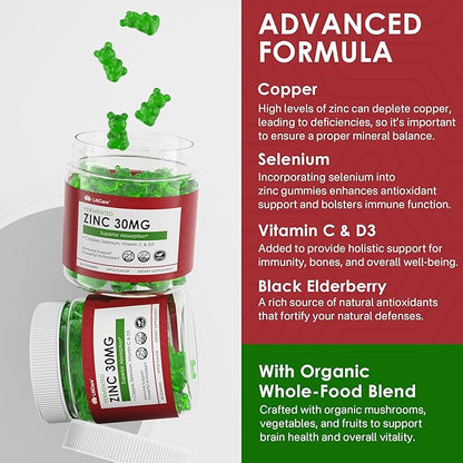 Fermented Zinc Gummies 30mg, Copper, Selenium, Vitamin C, D3, Superior Absorption Zinc Supplements for Women & Men, Immune, Powerful Antioxidant, Zinc Picolinate Alternaitive, Vegan, No Sugar, 60 Cts