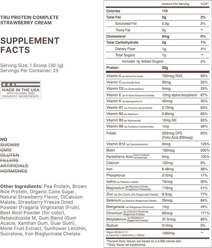 TRU Supplements Plant Based Protein Powder, BCAA, EAA, 20g Vegan Brown Rice & Pea Protein, 100 Calories, 27 Vitamins, No Artificial Flavors 25 Servings (Strawberry Cream)