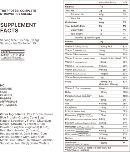 TRU Supplements Plant Based Protein Powder, BCAA, EAA, 20g Vegan Brown Rice & Pea Protein, 100 Calories, 27 Vitamins, No Artificial Flavors 25 Servings (Strawberry Cream)