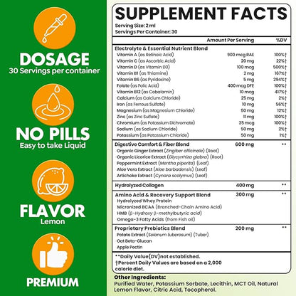 Glp 1 Liquid Drops for Women & Men, 27-in-1 Formula with Chromium, Hydrolyzed Collagen & Prebiotics & More | Vegan, Non-GMO, Fast Absorption - 60 ML(Lemon Flavor)