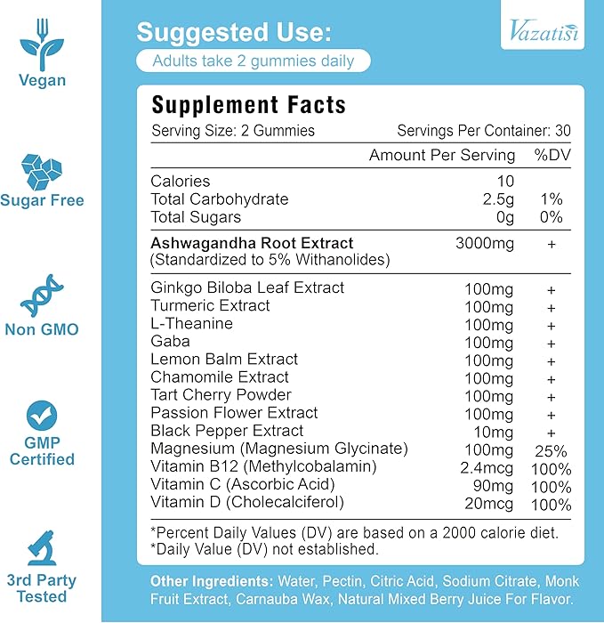 Ashwagandha Gummies with Turmeric GABA Mood Energy and Immune Support, Mixed Berry Flavor 60 Cts