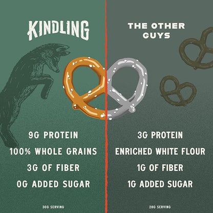 Kindling Protein Pretzels - Sea Salt | Protein-Packed Snack Size Bags | Kosher | 8-9g Protein Per Serving | No Artificial Flavors, Soy-Free | Lunches, Office Snacks, & On-the-Go | 16-Count (1.06oz Bags)