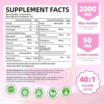 Myo-Inositol & D-Chiro Inositol Gummies, Ideal 40:1 Ratio Supplement for Women with Vitamin D3 & B12 for Support Hormonal Balance & Wellness, Sugar Free, Raspberry, 60 Count
