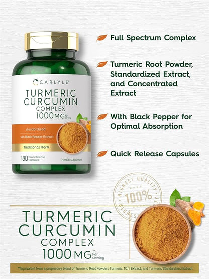 Carlyle Turmeric Curcumin with Black Pepper | 180 Capsules | Turmeric Complex Supplement | Non-GMO, Gluten Free