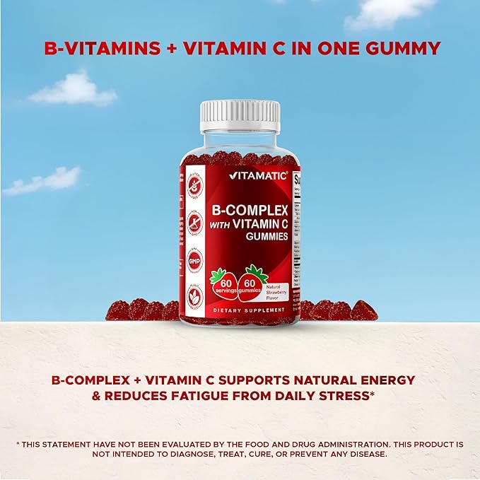 Vitamatic Vitamin B Complex Gummies with Vitamin C & Inositol - Natural Strawberry Flavor - 60 Gummies (1 Bottle)
