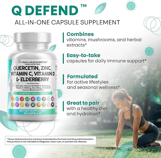 Q Defend Quercetin Supplement with Zinc Vitamin C Vitamin D Elderberry Turmeric Black Pepper Garlic Ginger Sea Moss Lysine Stinging Nettle Reishi Immune Support 60 Capsules Pack of 3 by Clean Nutra