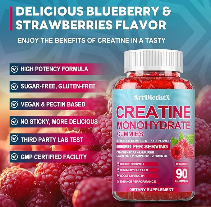 Creatine Monohydrate 8000mg Gummies with BCAA, L-Carnitine, Taurine & Vitamin B12 - Pre Workout Supplement for Muscle Growth, Strength & Energy - Raspberry Flavor Gummies, 180 Count for Men & Women