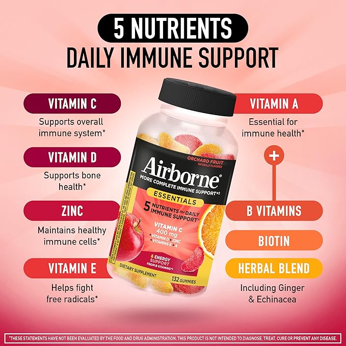 Airborne 400mg Vitamin C Gummies for Adults & Children, Immune Essentials Daily Immune Support Supplement with Powerful Antioxidants Vitamins C & E Plus Selenium - 132 Gummies, Orchard Fruit Flavor