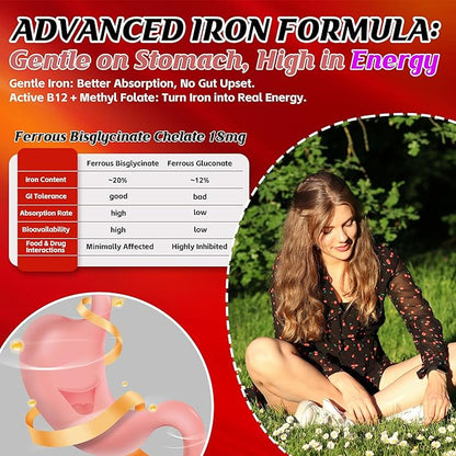 Iron Gummies for Teen Girls, Gentle Iron Bisglycinate with Vitamin C, Iron Supplement Plus Folate, Energy & Anemia Support, Chewable, Sugar Free, 60 Gummies