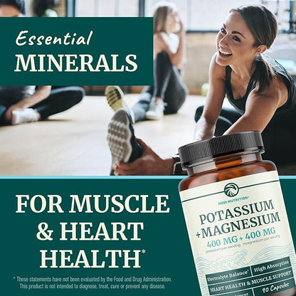 Potassium Magnesium Supplement | High Strength Electrolyte Balance for Heart Health & Muscle Support | 400 MG Potassium + 400 MG Magnesium | Energy, Bone Health, Sleep & Mood Support | 90 Ct.
