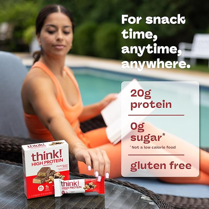 think! Protein Bars, High Protein Snacks, Gluten Free, Kosher Friendly, Chunky Peanut Butter, Nutrition Bars, 2.1 Oz per Bar, 10 Count (Packaging May Vary)