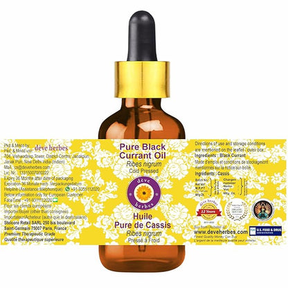 Deve Herbes Black Currant Oil (Ribes nigrum) with Glass Dropper | Cold Pressed | Pure | Natural | for Diluting Essential Oils | for Skin & Massage | Non-Sticky | Lightweight | Unisex | 30ml (1 oz)