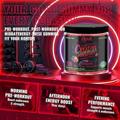 zipvit Creatine Monohydrate Gummies (5g) – Pre-Workout Energy & Muscle Growth Support for Men & Women | Strawberry Electrolyte Gummies (135 Count)