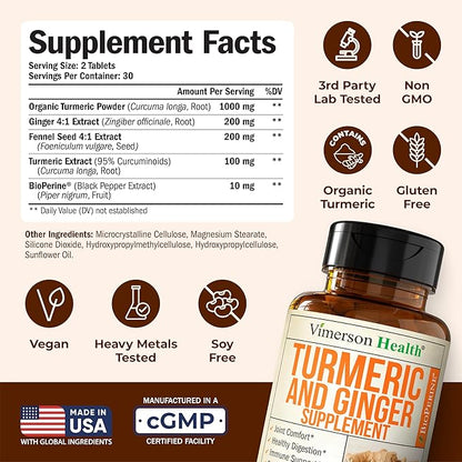Turmeric Curcumin Supplement with Ginger Root for Joint Support, Digestive & Gut Health - Contains Organic Turmeric Curcumin with Black Pepper (Bioperine) for Enhanced Absorption - 60 Tablets