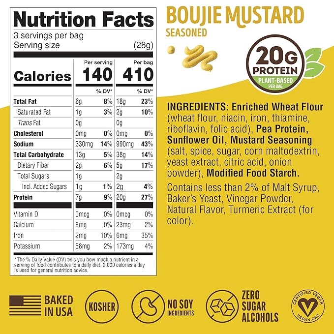 Lenny & Larry's FITZELS Protein Pretzels (Boujie Mustard) 8 Individual Bags 3 oz Each – High Protein Snacks with 20g of Plant Based Protein – Healthy Vegan Pretzels – Delicious Salty Taste