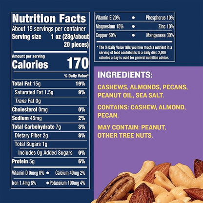 PLANTERS Select Cashews, Almonds & Pecans, 15.25 oz Resealable Container - Salted Nuts - Kosher