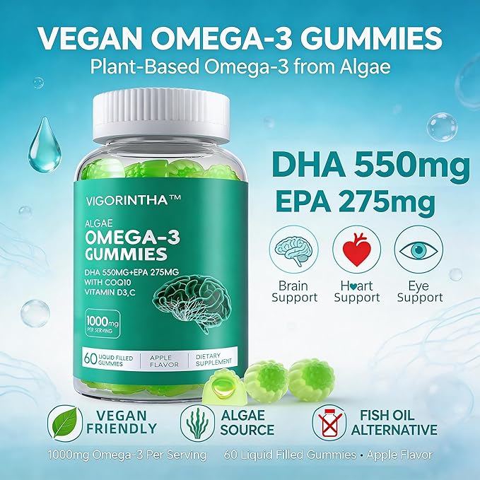 Vegan Omega 3 Gummies 1000mg with Coq 10, Vitamin D3,E,C,Omega 3 Fish Oil Alternative for Adults, Plant Based DHA 550mg & EPA 275mg for Brain, Mobility, Eye, Sugar Free, 60 Count