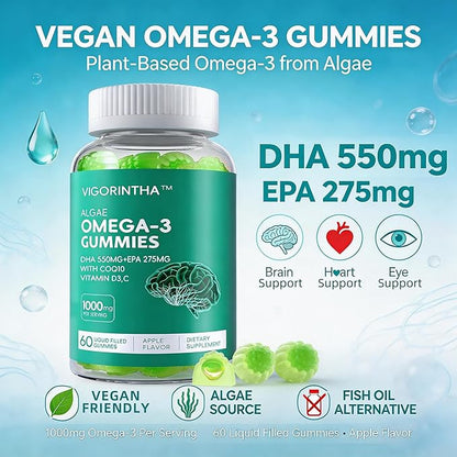 Vegan Omega-3 Algae Oil Supplement with DHA 300mg & EPA 150mg, Plant-Based Omega-3 with Vitamin D3 & K2, Fish-Free Algal Oil Softgels for Men & Women, 2 Pack, 120 Softgels, 60 Day Supply