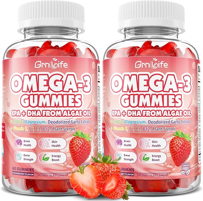 2 Pack Vegan Omega 3 Gummies 1000mg+CoQ10+Magnesium - w/Algae EPA 600mg & DHA 400mg, Fish Oil Omega-3 Supplements Alternative for Adults, for Brain, Eye, Immune Health, Strawberry Flavor, 120 Count