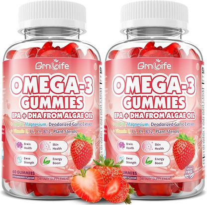 2 Pack Vegan Omega 3 Gummies 1000mg+CoQ10+Magnesium - w/Algae EPA 600mg & DHA 400mg, Fish Oil Omega-3 Supplements Alternative for Adults, for Brain, Eye, Immune Health, Strawberry Flavor, 120 Count