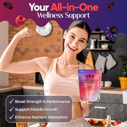 Mushroom Gummies - 10-in-1 Adaptogenic Mushroom Supplement for Adults - Lions Mane, Reishi, Cordyceps, Chaga, Turkey Tail - Raspberry Flavored Vegan Gummies for Focus & Energy - 60 Ct.
