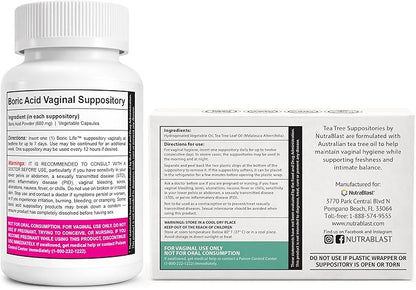 NutraBlast Boric Acid Suppositories 600mg (30 Count) Bundle with Tea Tree Oil Suppositories (12 Count) | All Natural Intimate Deodorant for Women | Restore Feminine pH Balance