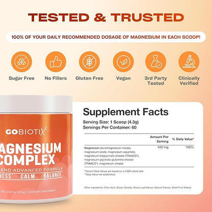 GoBiotix Magnesium Glycinate Powder – Cortisol Supplements for Women and Men – High Absorption Magnesium Complex Calm Supplement with Citrate, Malate – Sugar Free – 420 mg, 60 Servings - Peach Tea